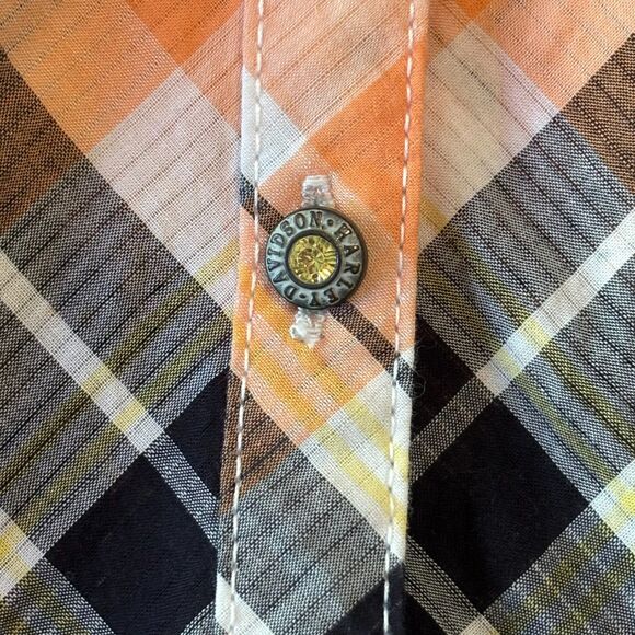Harley Davidson Button Up Shirt Womens M Orange Plaid Rhinestone Angel Back Logo - Picture 13 of 16